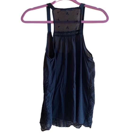 Burning Torch Sleeveless Upcycled Black Mesh & Cotton Eyelet Embroidered Blouse - Picture 7 of 9